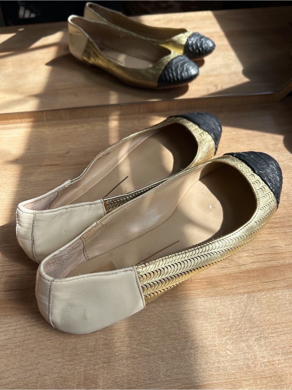 Dolce Vita Gold and Black Textured Cap-Toe Ballet Flats - Picture 4 of 6